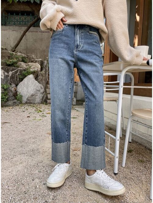 DAZY Slant Pocket Foldover Hem Straight Leg Jeans