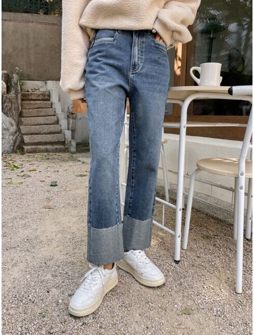 DAZY Slant Pocket Foldover Hem Straight Leg Jeans