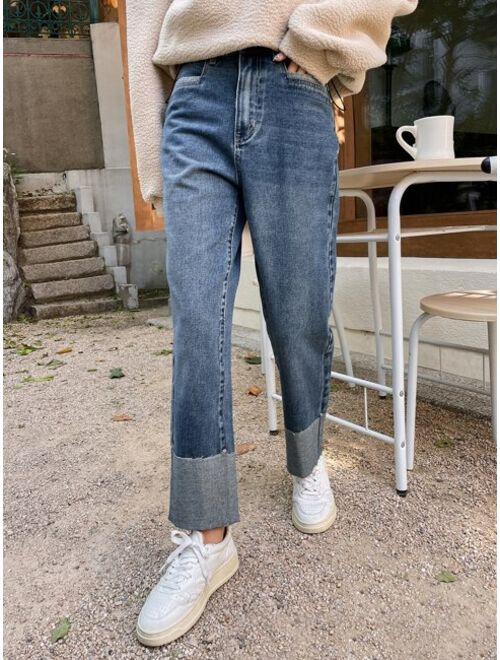 DAZY Slant Pocket Foldover Hem Straight Leg Jeans