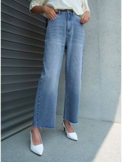 High Waist Frayed Trim Straight Leg Jeans