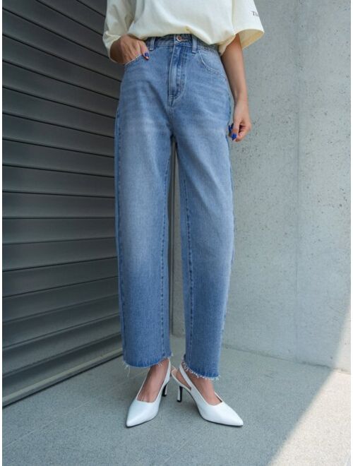 DAZY High Waist Frayed Trim Straight Leg Jeans