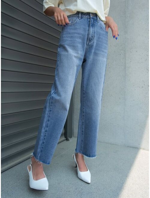 DAZY High Waist Frayed Trim Straight Leg Jeans