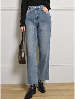 High Waist Raw Hem Straight Leg Jeans