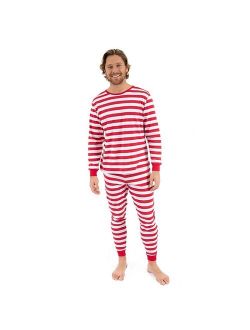 Mens Two Piece Cotton Pajamas Striped Red & Solid Top White S