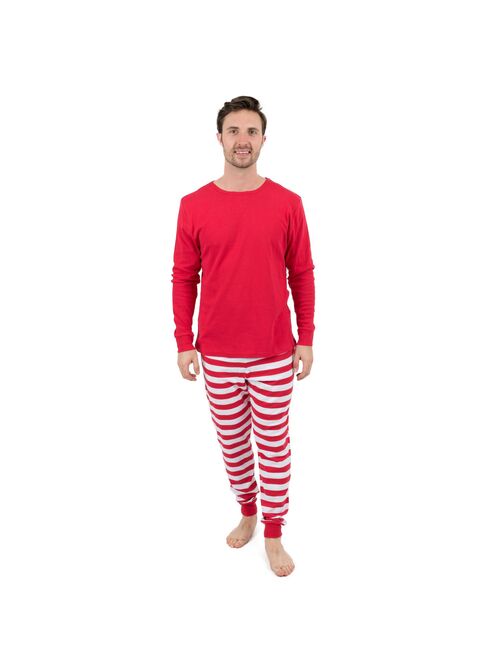 Leveret Mens Two Piece Cotton Pajamas Striped Red & Solid Top White S