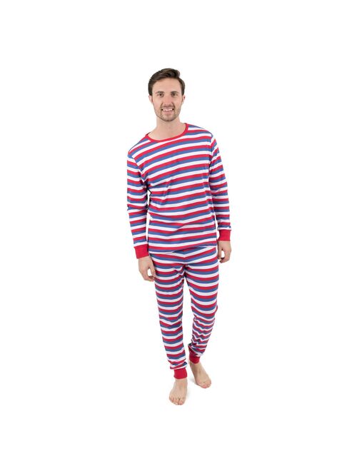 Leveret Mens Two Piece Cotton Pajamas Striped Red & Solid Top White S