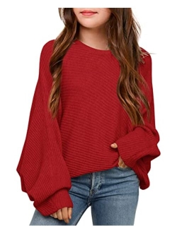 Mafulus Girl's Oversized Crewneck Fall Sweaters Kids Batwing Long Sleeve Slouchy Chunky Cute Pullover Jumper Shirts 5-14T