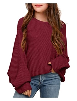 Mafulus Girl's Oversized Crewneck Fall Sweaters Kids Batwing Long Sleeve Slouchy Chunky Cute Pullover Jumper Shirts 5-14T