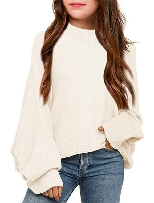 Mafulus Girl's Oversized Crewneck Fall Sweaters Kids Batwing Long Sleeve Slouchy Chunky Cute Pullover Jumper Shirts 5-14T