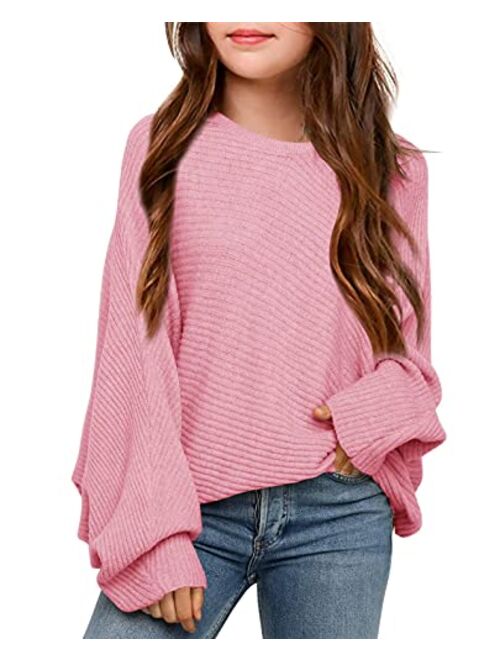 Mafulus Girl's Oversized Crewneck Fall Sweaters Kids Batwing Long Sleeve Slouchy Chunky Cute Pullover Jumper Shirts 5-14T