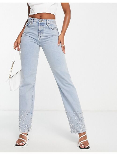 ASOS DESIGN 90s straight jeans in light blue with embelished hem