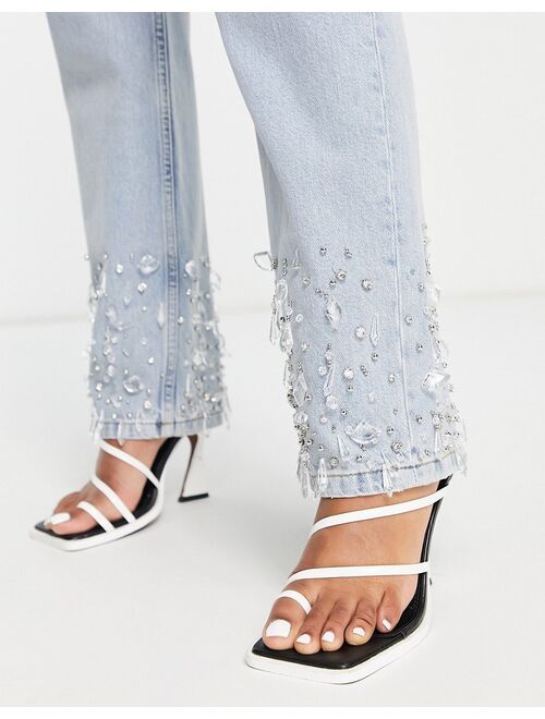 ASOS DESIGN 90s straight jeans in light blue with embelished hem