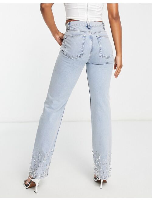 ASOS DESIGN 90s straight jeans in light blue with embelished hem