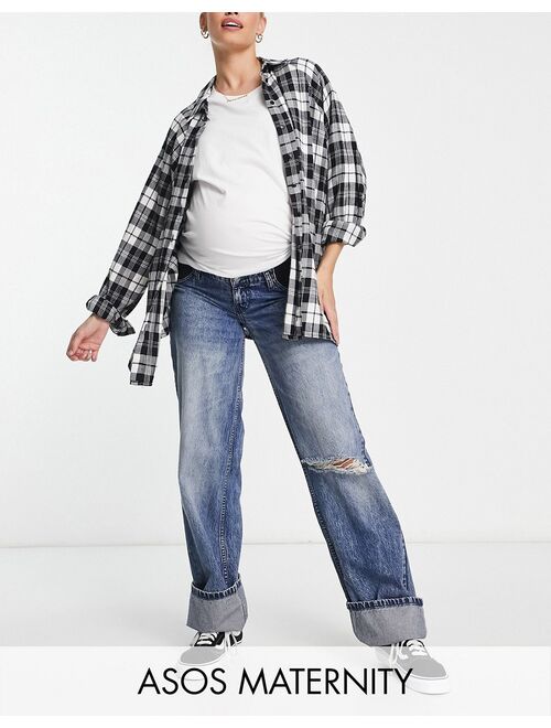 ASOS DESIGN Maternity baggy boyfriend jeans with knee rips and deep turn up