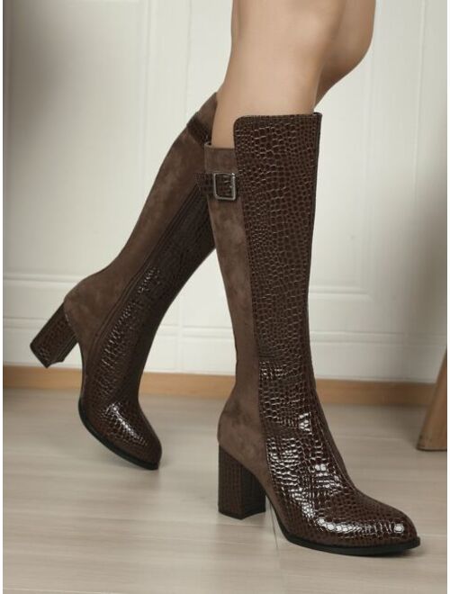 Shein Crocodile Embossed Buckle Decor Riding Boots