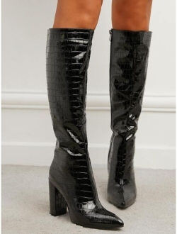 Crocodile Embossed Point Toe Zipper Side Chunky Heeled Classic Boots