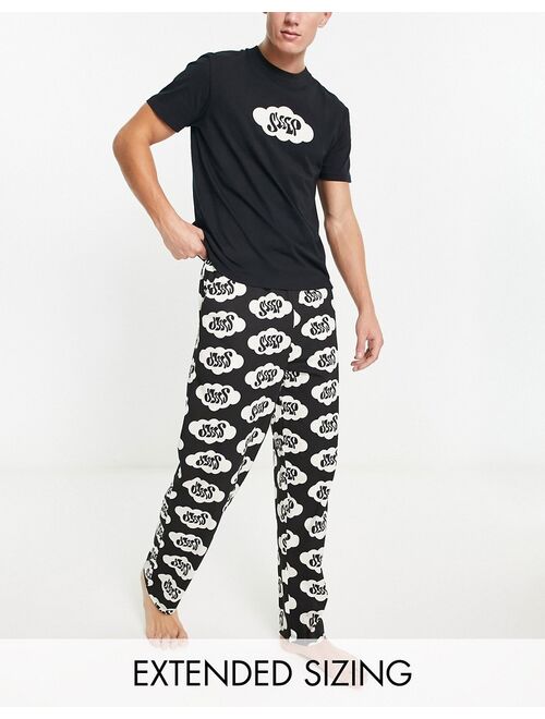 ASOS DESIGN pajama set in black with t-shirt and pants in sleepy print