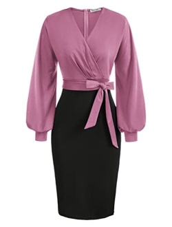 Women's Work Pencil Dress Wedding Guest Office Dresses Cocktail Party Long Sleeve