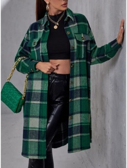 Plaid Flap Pocket Drop Shoulder Coat