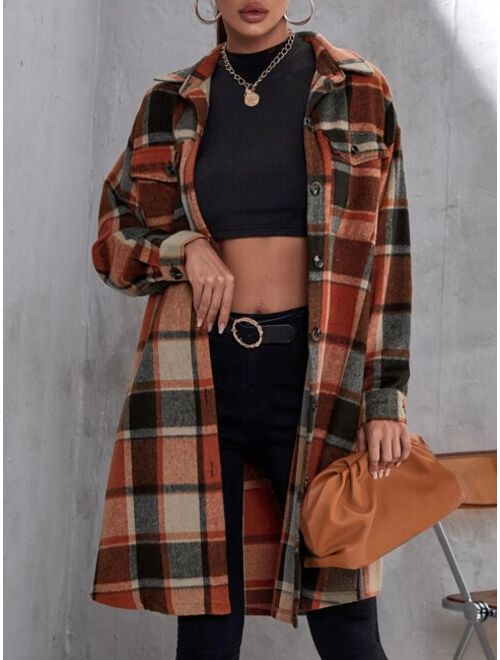 Shein Plaid Flap Pocket Drop Shoulder Coat