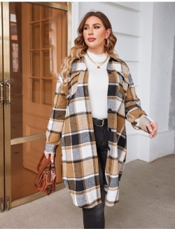 IN'VOLAND Womens Plus Size Flannel Plaid Shirts Long Sleeve Lounge Lapel Boyfriend Button Down Tartan Long Jacket Coats