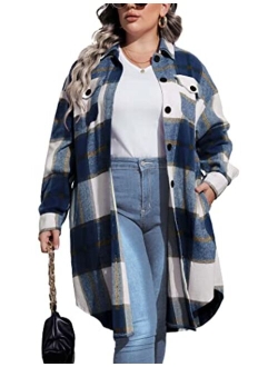 IN'VOLAND Womens Plus Size Flannel Plaid Shirts Long Sleeve Lounge Lapel Boyfriend Button Down Tartan Long Jacket Coats