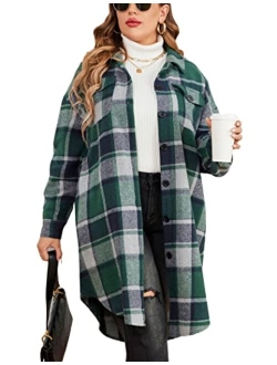 IN'VOLAND Womens Plus Size Flannel Plaid Shirts Long Sleeve Lounge Lapel Boyfriend Button Down Tartan Long Jacket Coats