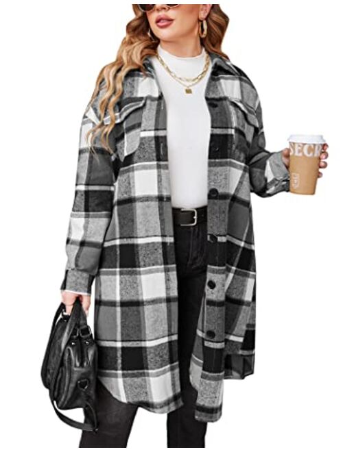 IN'VOLAND Womens Plus Size Flannel Plaid Shirts Long Sleeve Lounge Lapel Boyfriend Button Down Tartan Long Jacket Coats