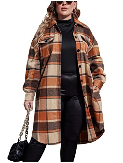 IN'VOLAND Womens Plus Size Flannel Plaid Shirts Long Sleeve Lounge Lapel Boyfriend Button Down Tartan Long Jacket Coats