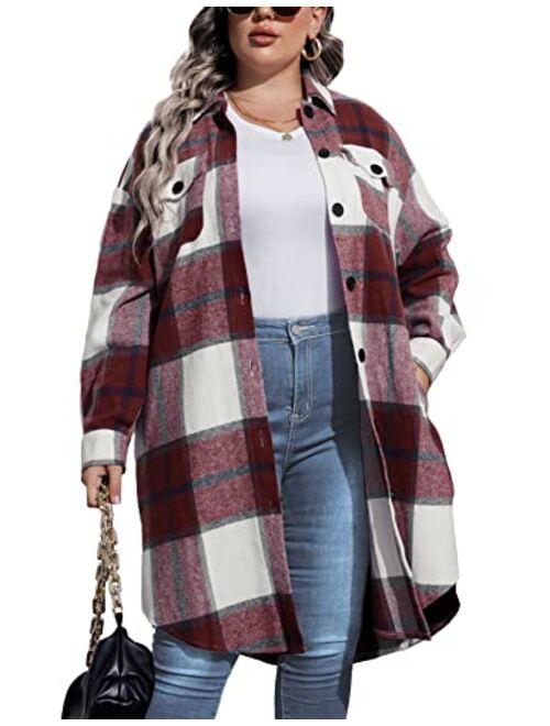 IN'VOLAND Womens Plus Size Flannel Plaid Shirts Long Sleeve Lounge Lapel Boyfriend Button Down Tartan Long Jacket Coats