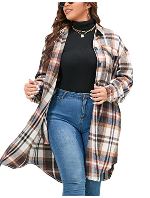 IN'VOLAND Womens Plus Size Flannel Plaid Shirts Long Sleeve Lounge Lapel Boyfriend Button Down Tartan Long Jacket Coats