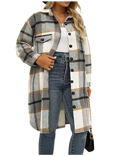 IN'VOLAND Womens Plus Size Flannel Plaid Shirts Long Sleeve Lounge Lapel Boyfriend Button Down Tartan Long Jacket Coats