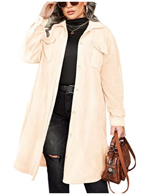 IN'VOLAND Womens Plus Size Shirts Jacket Long Sleeve Lounge Lapel Boyfriend Button Down Long Jacket Coats with Pockets