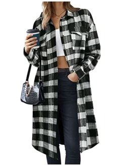 Long Flannel Shirts for Women Shoulder Drop Plaid Coat Oversized Button Down Shacket Jackets with Pocket S-XXL