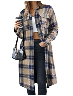 Long Flannel Shirts for Women Shoulder Drop Plaid Coat Oversized Button Down Shacket Jackets with Pocket S-XXL