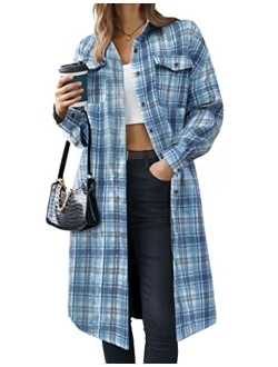 Long Flannel Shirts for Women Shoulder Drop Plaid Coat Oversized Button Down Shacket Jackets with Pocket S-XXL