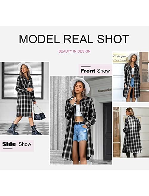 Hotouch Long Flannel Shirts for Women Shoulder Drop Plaid Coat Oversized Button Down Shacket Jackets with Pocket S-XXL