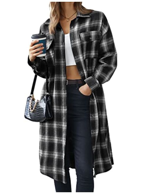 Hotouch Long Flannel Shirts for Women Shoulder Drop Plaid Coat Oversized Button Down Shacket Jackets with Pocket S-XXL