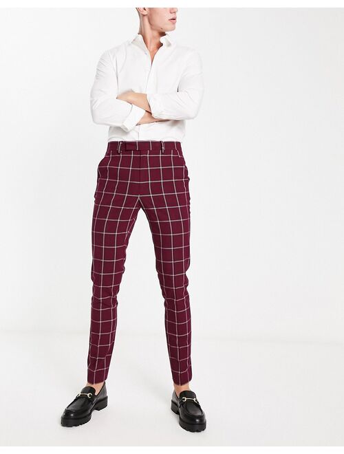 ASOS DESIGN skinny smart pants in burgundy window pane plaid