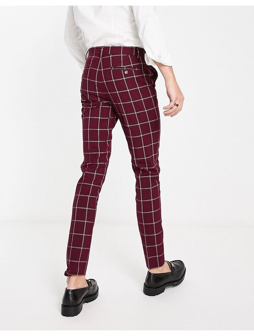 ASOS DESIGN skinny smart pants in burgundy window pane plaid