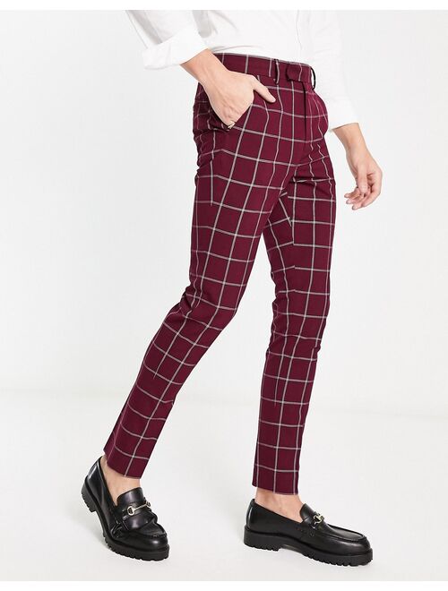 ASOS DESIGN skinny smart pants in burgundy window pane plaid