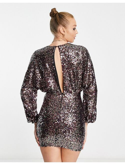 Pull&Bear long sleeved plunge neck sequin mini dress in multicolor