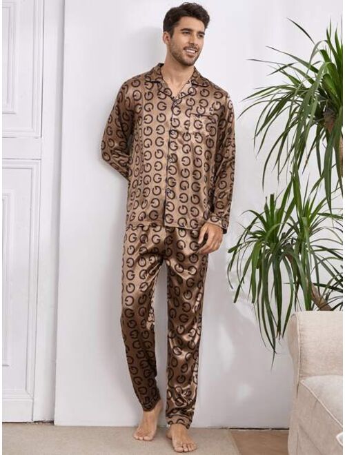 Shein Men Satin Allover Letter Graphic PJ Set