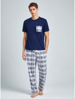 Men Plaid Patched Pocket PJ Set