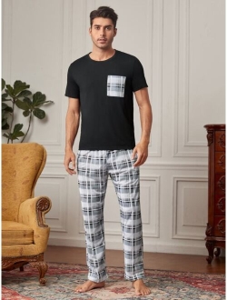 Men Plaid Patched Pocket PJ Set