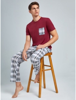 Men Plaid Patched Pocket PJ Set