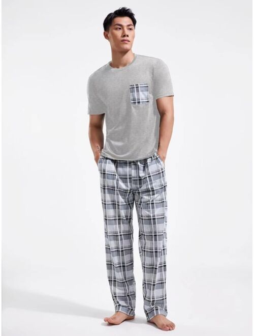 Shein Men Plaid Patched Pocket PJ Set