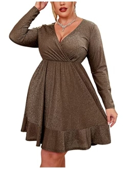 IN'VOLAND Plus Size Womens Glitter Dress V Neck Long Sleeve Ruffle Hem Swing Club Cocktail Party Dresses