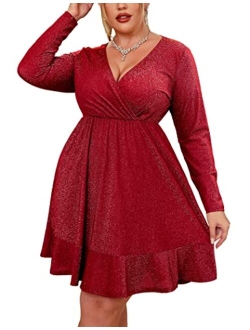 IN'VOLAND Plus Size Womens Glitter Dress V Neck Long Sleeve Ruffle Hem Swing Club Cocktail Party Dresses