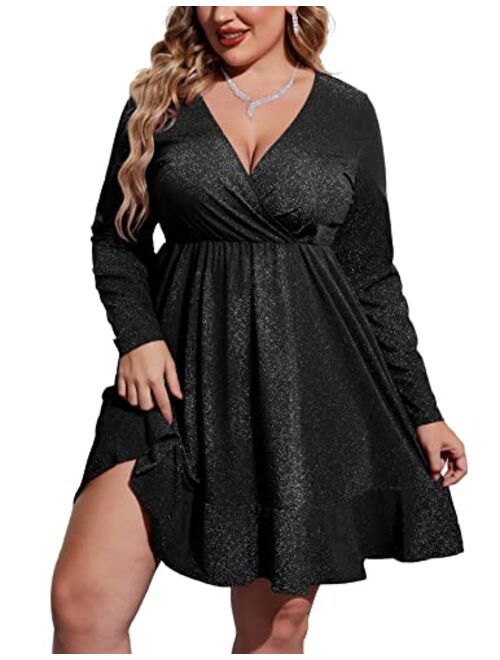 IN'VOLAND Plus Size Womens Glitter Dress V Neck Long Sleeve Ruffle Hem Swing Club Cocktail Party Dresses